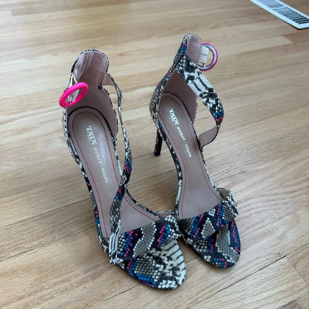 Tata Italia Snakeskin Heels with Pink and Blue Accents - Picture 2 of 8